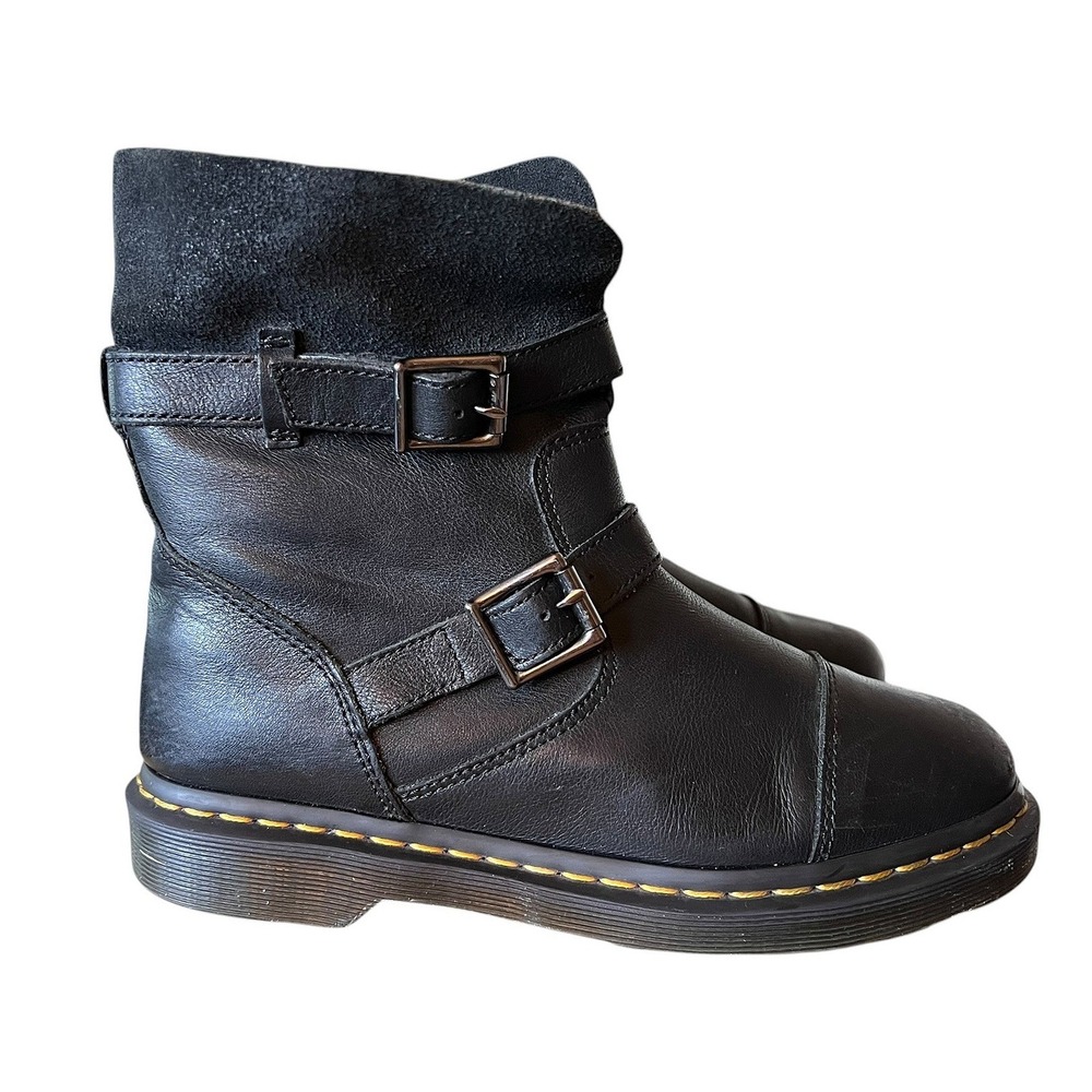 Dr. Martens Kristy Black Leather Suede Biker Boots Buckle Mid Calf Womens 9 - Picture 7 of 16